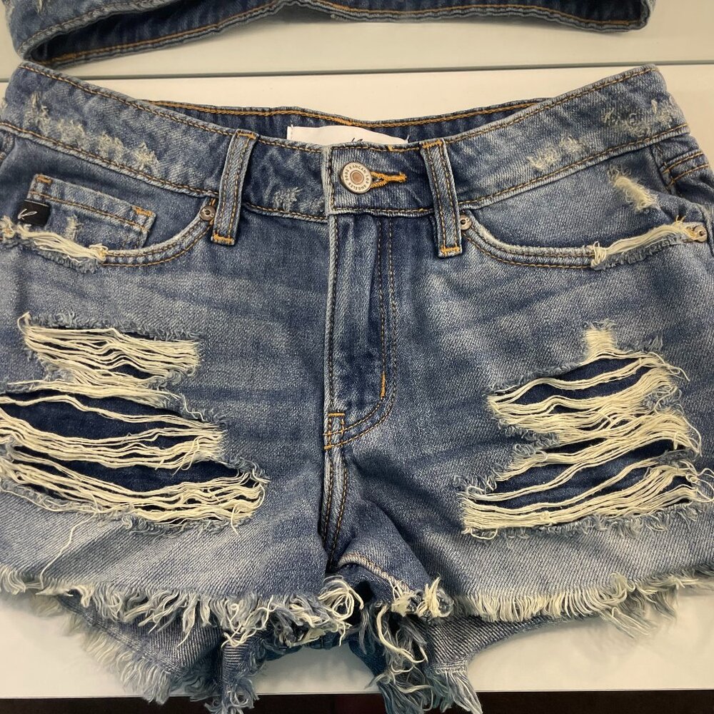 Kancan Low Rise Blue Denim Distressed Jean Shorts